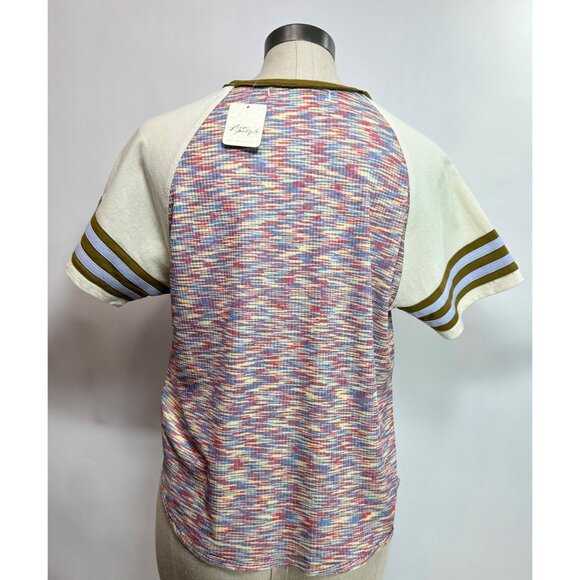 WE THE FREE Tailgate Tee Sz S Multicolor Print Raglan Striped Sleeves Retro 70s - Picture 6 of 10